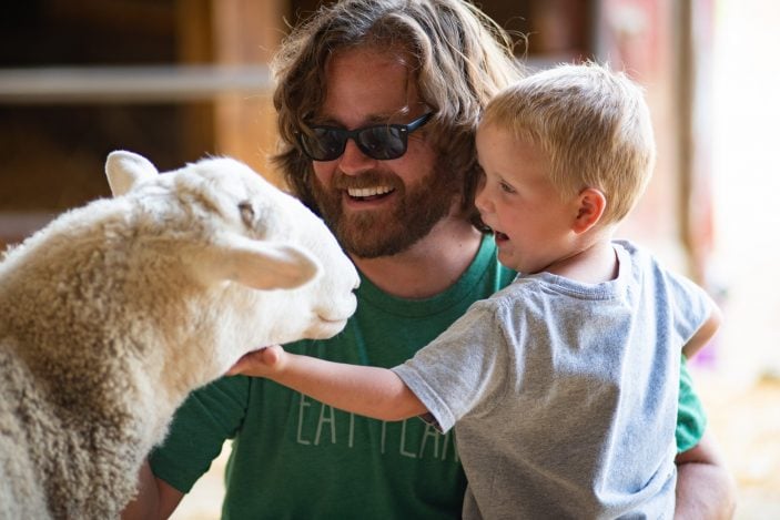 Farm Sanctuary visitors interact with rescued sheep
