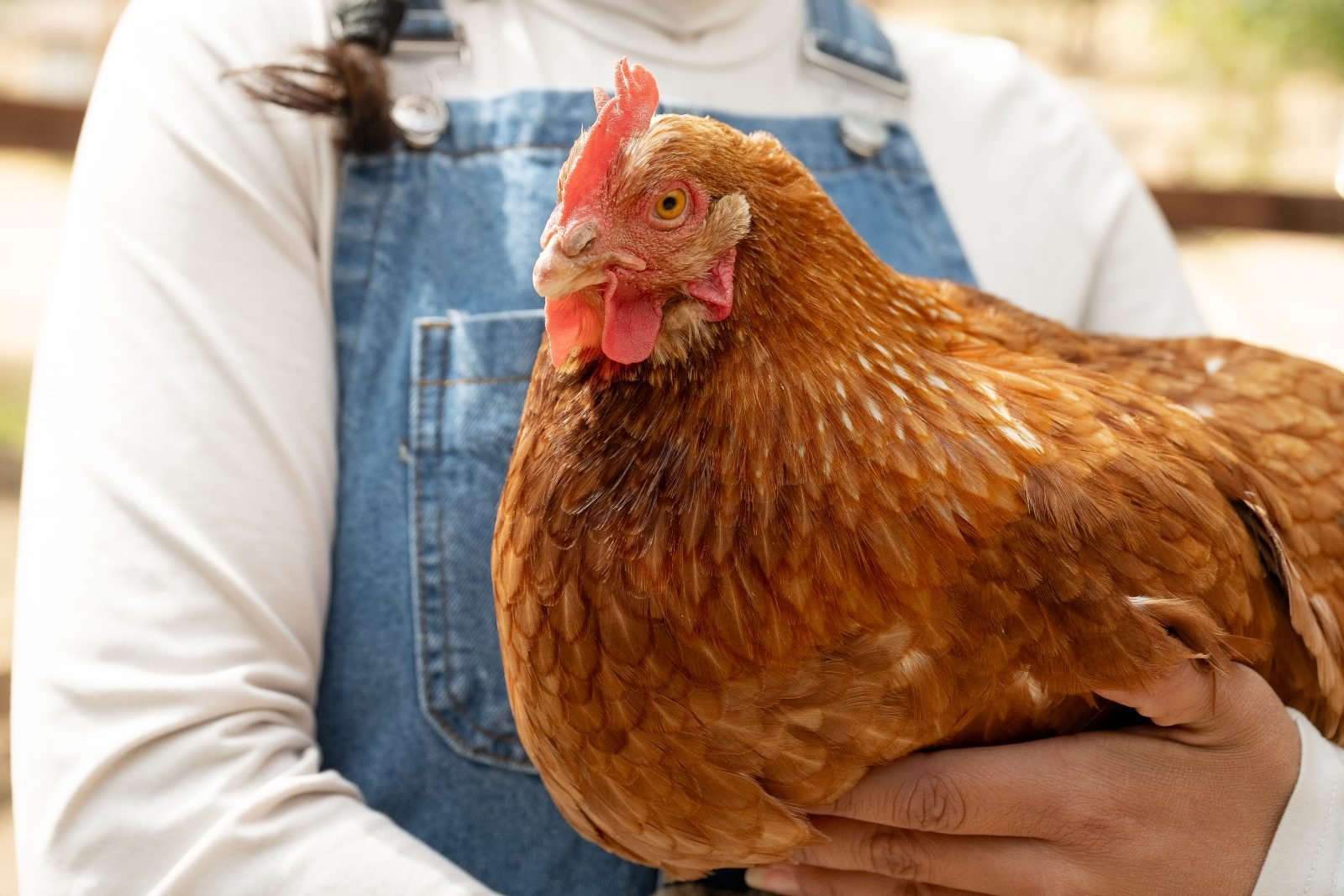 Farm Sanctuary caregiver holds rescued hen Xena in her arms