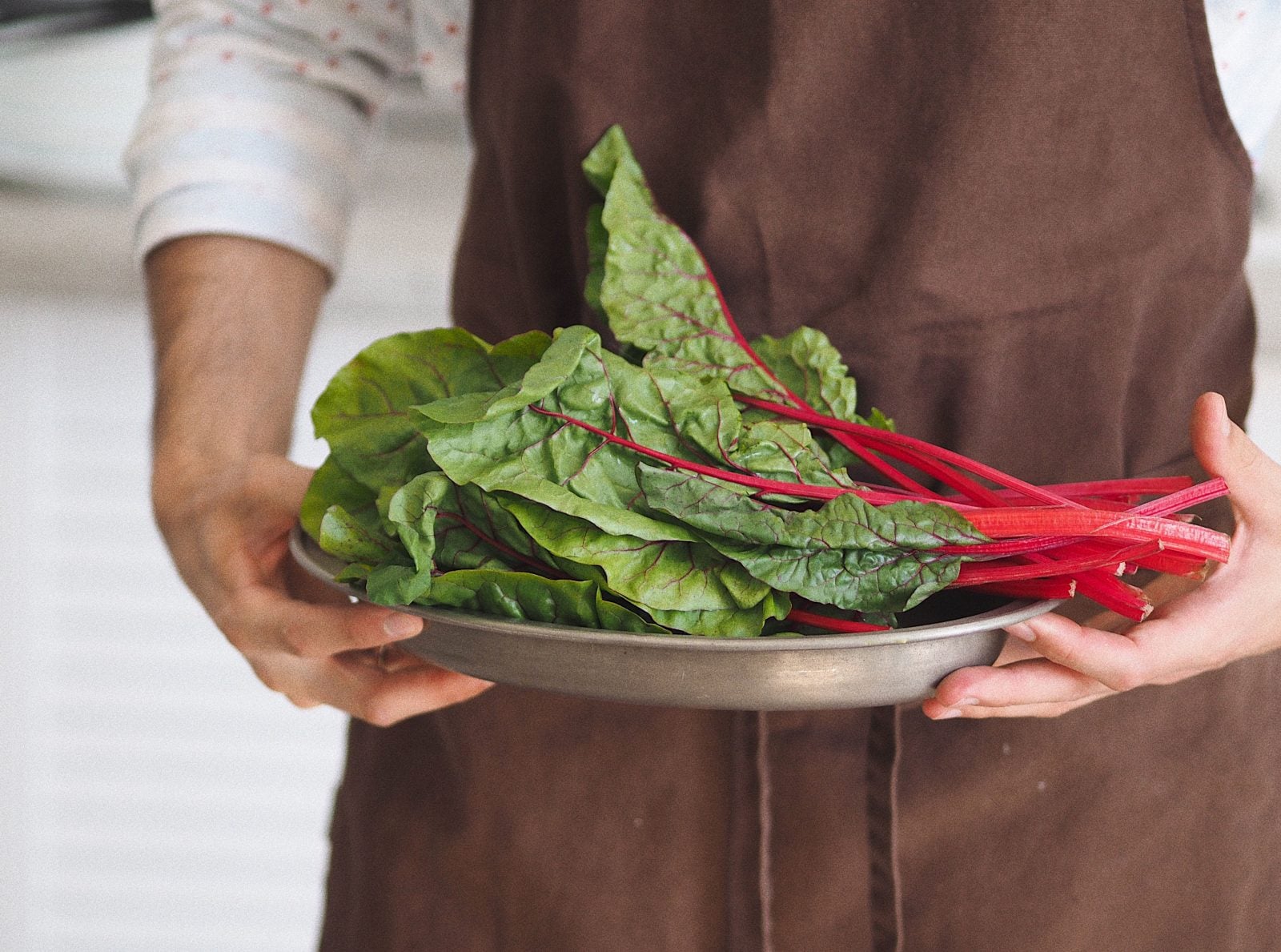 A person wearing an apron holds a platter of Swiss chard